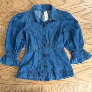 NWT! ANTHROPOLOGIE Puff-Sleeve Denim Buttondown Shirt Sz XXS